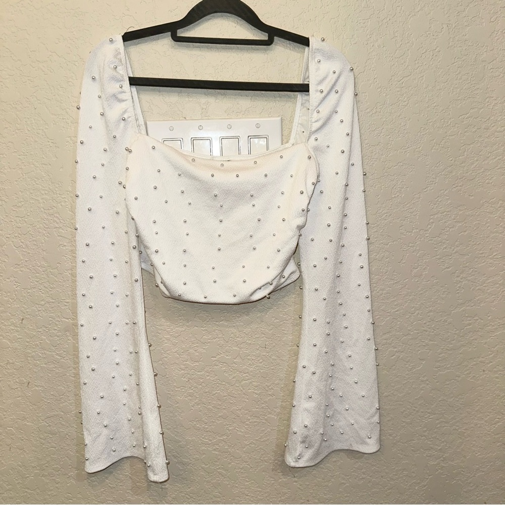 Windsor Large White Pearl Embellished Long Sleeve Crop Top Preppy Whimsical - Picture 2 of 7